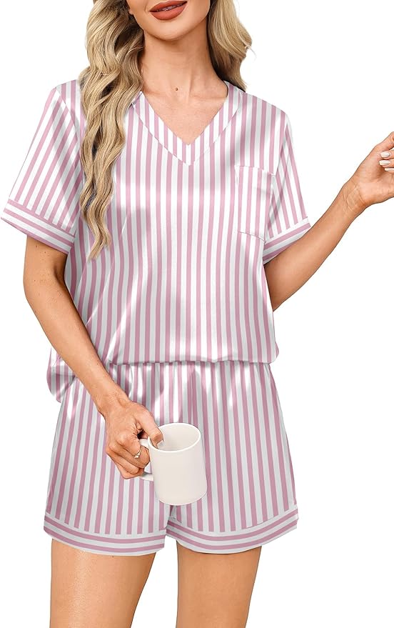 WIHOLL Silk Pajamas for Women Short Sleeve Sleepwear Soft Lounge Sets 2 Piece Satin Pjs