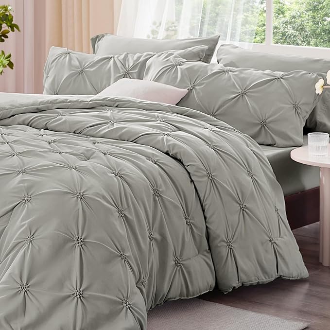 BEDELITE Grey King Size Comforter Set - 3 Pieces Boho Pintuck Bedding Comforter Sets, Lightweight Soft & Warm King Bedding Set with 2 Pillowcases for All Season