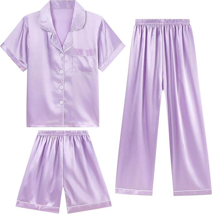 DIPUG 3 Piece Girls Silk Pajamas Set Soft Satin PJs Sleepwear for Comfortable Nights