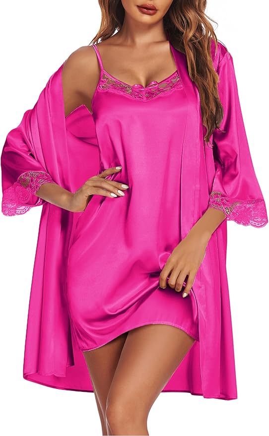 Ekouaer Sleepwear Women's Satin Nightgown with Robes Set 2 Piece Sexy Lace Cami Nightwear