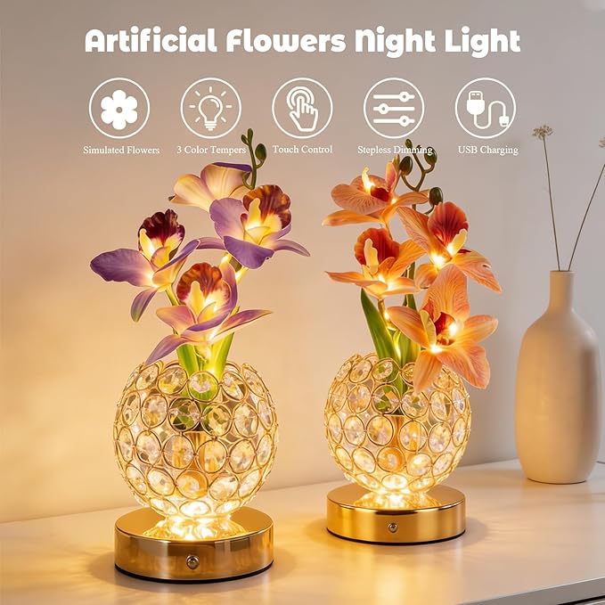 Flower Table Lamp, Orchid Flower with Crystal Vase Lamp, Cordless Touch Desk Light, 3 Colors Dimming & Rechargeable, Small Night Light for Bedroom Home, Romantic Gifts for Girl Women (Purple)