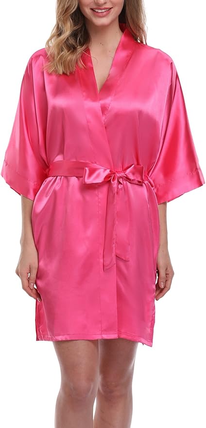 Women's Pure Color Satin Kimono Robe Short Bridesmaids Robe Dressing Gown