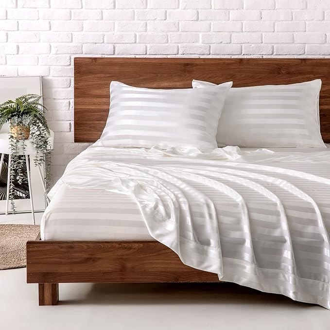 MR&HM Satin Bed Sheets, Queen Size Sheets Set, 4 Pcs Silky Bedding Set with 15 Inches Deep Pocket for Mattress (Queen, Ivory Striped)