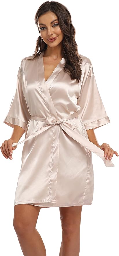 Women's Pure Short Kimono Robes Bride Bridesmaids Silky Bathrobe Lightweight Satin Sleepwear