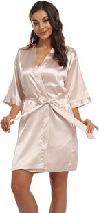 Women's Pure Short Kimono Robes Bride Bridesmaids Silky Bathrobe Lightweight Satin Sleepwear