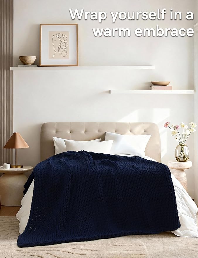 YnM 100% Cotton Weighted Blanket, Handmade Chunky Knitted Throw, No fillers Design, Soft and Breathable, Machine Washable Bed Blanket for Sleep or Home Decor (Navy Blue, 48x72 Inch, 20lbs)