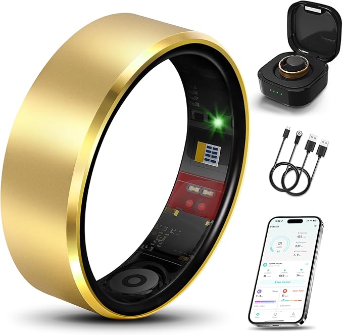 Smart Health Ring 2.0 for Women Men, Slim Scratch & Fingerprint Resistant Design, Efficient Chip Fitness Tracker, Monitors Heart, Blood Oxygen & Pressure, Sleep, Steps, Waterproof, Gold 10