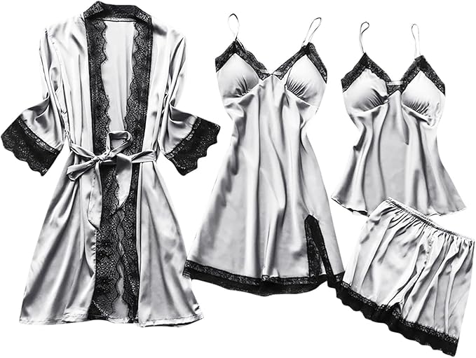Women's 4pcs Silk Satin Pajamas Set Floral Lace Trim Dress with Robe Lounge Sleepwear Nightdress Novelty Loungewear
