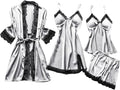 Women's 4pcs Silk Satin Pajamas Set Floral Lace Trim Dress with Robe Lounge Sleepwear Nightdress Novelty Loungewear