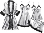 Women's 4pcs Silk Satin Pajamas Set Floral Lace Trim Dress with Robe Lounge Sleepwear Nightdress Novelty Loungewear