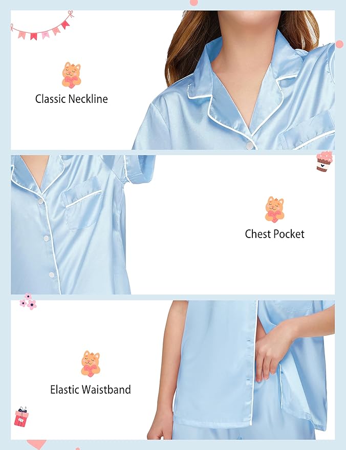EPLAZA Kids Satin Pajamas Sets Girls Boys Button-Down Silky Pajamas Sleepwear with Hairband Eye Mask Hair Tie