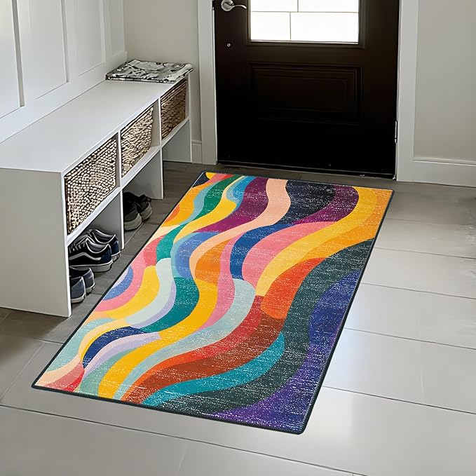 Area Rug 2x3 ft Rug Washable Boho Rugs Non Slip Low Pile Floral Small Carpet for Bedroom, Bedside, Kids Room, Office, Dining Room (Rainbow Pattern, 2x3 ft)