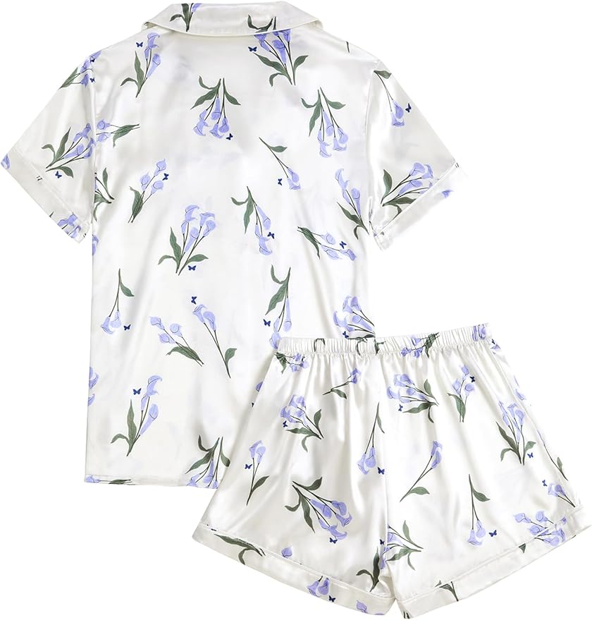 LYANER Women's Silky Satin Pajamas Set Short Sleeve Button Down Shirt With Shorts Pjs Set Sleepwear