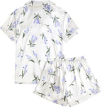 LYANER Women's Silky Satin Pajamas Set Short Sleeve Button Down Shirt With Shorts Pjs Set Sleepwear