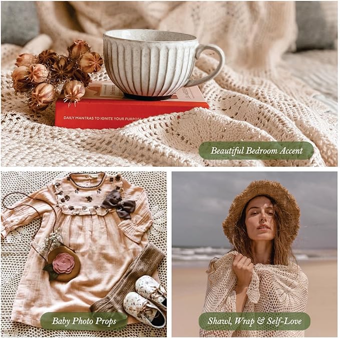 Zenviro Boho Throw Blanket, 50"x60", 100% Handmade Crochet Throw Blankets,100% Cotton Beige Throw, Decorative, Vintage Lace Blanket, Boho Decor, Photo Prop, Lightweight Knit