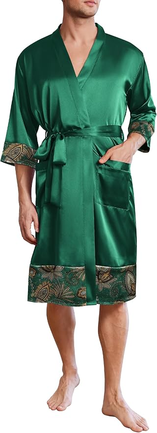 Ekouaer Mens Satin Robe Lightweight Silky Kimono Bathrobe 3/4 Sleeve Spa Knee Length Loungewear with Pockets S-3XL