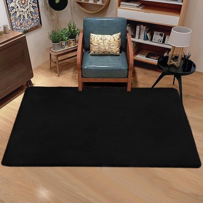 Black Faux Rabbit Fur Rug 3x5 Fluffy Fuzzy Rug for Bedroom Living Room Nursery Bedside Carpet Washable Area Rug