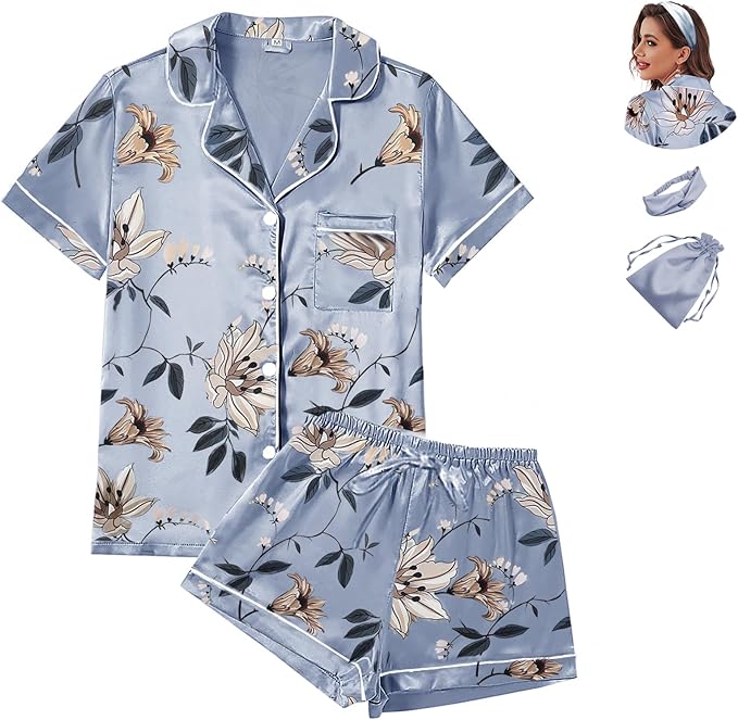 WJing Yi Jia 4Pcs Womens Satin Silky Pajama Sets Short Sleeve Shirt XS-4XL Floral Pajamas Set Soft PJ Loungewear Sleepwear