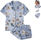 WJing Yi Jia 4Pcs Womens Satin Silky Pajama Sets Short Sleeve Shirt XS-4XL Floral Pajamas Set Soft PJ Loungewear Sleepwear