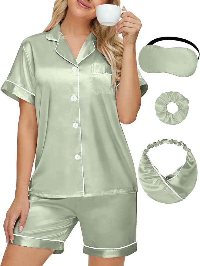 DOLOS Silk Satin Pajama Set for Women Short/Long Sleeve 2-Piece Silky Pajamas for Women Button Down Pjs Sleepwear Loungewear