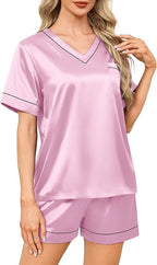 WIHOLL Silk Pajamas for Women Short Sleeve Sleepwear Soft Lounge Sets 2 Piece Satin Pjs