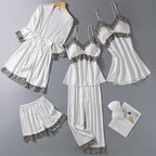 Women's 4pcs Silk Satin Pajamas Set Floral Lace Trim Dress with Robe Lounge Sleepwear Nightdress Novelty Loungewear