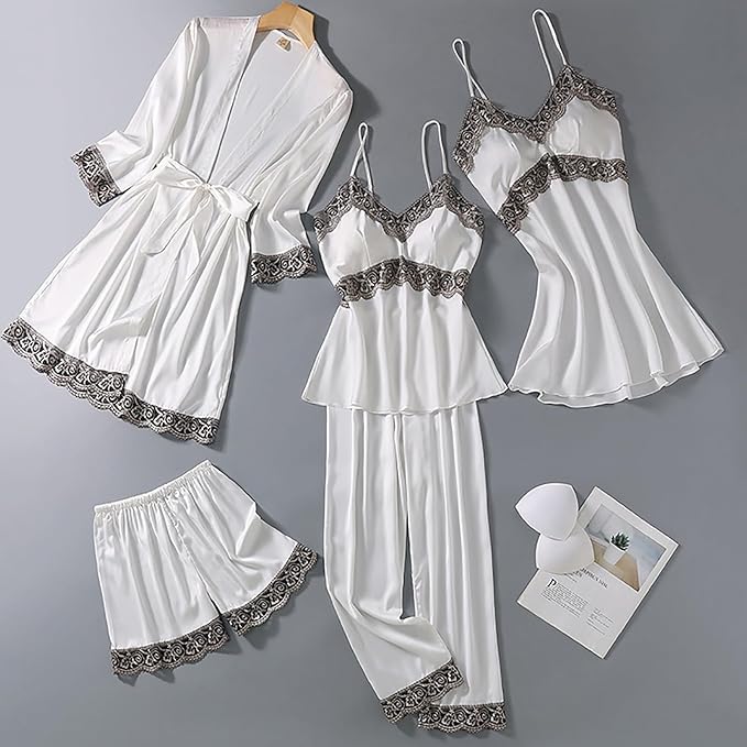 Women's 4pcs Silk Satin Pajamas Set Floral Lace Trim Dress with Robe Lounge Sleepwear Nightdress Novelty Loungewear