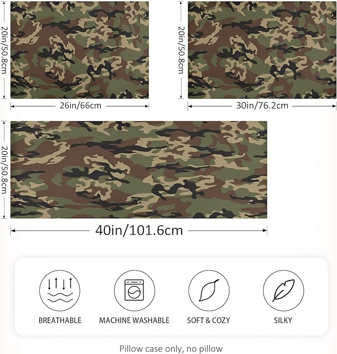 Green Army Camo Satin Pillowcase for Hair and Skin, Army Camouflage Military Silk Pillow Case with Envelope Closure, King Size 20x40 inches, 1 PC