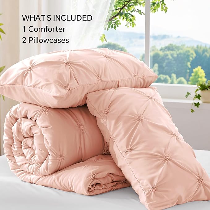 BEDELITE Dusty Pink Comforter Set Full - 3 Peices Boho Pintuck Bedding Comforter Sets, Lightweight Soft & Warm Twin Bedding Sets with 2 Pillowcase for All Season