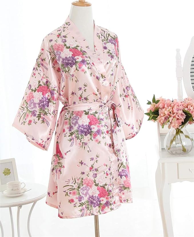 Women's Satin Robes Floral Bridesmaid Robes Short Silk Kimonos Sleepwear