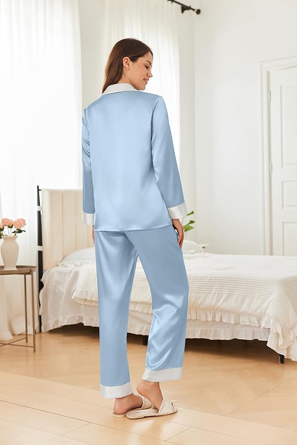 Ekouaer Silk Pajamas for Women Long Sleeve Satin Pajama Set Silky Pj Sets 2 Piece Button Down Loungewear Sleepwear
