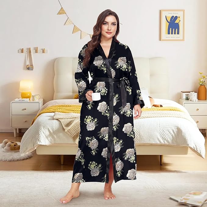 Womens Plus Size Silky Satin Kimono Robe Floral Long Bathrobe Wedding Sleepwear Dressing Gown