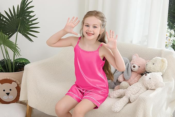Weixinbuy Girls Pajamas Silk PJS Set Sleeveless Pajama Tank Elastic Waist Shorts Sleepwear Kids Summer Nightwear Clothes Set