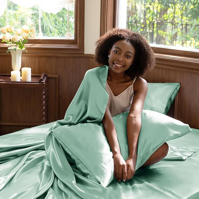 CozyLux Satin Sheets Full Size Sheets - 4 Piece Silky Full Size Bed Sheets, Luxury Aqua Full Bed Set with Smooth and Soft Microfiber, Includes 1 Fitted Sheet, 1 Flat Sheet and 2 Pillowcases