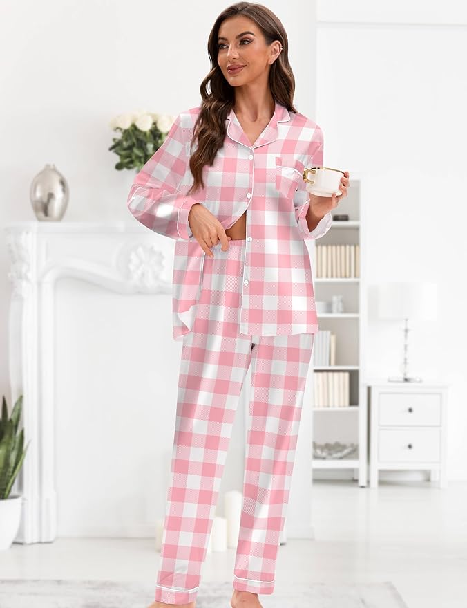 EPLAZA Silk Pajamas for Women Satin Pajamas Set 5 Pcs Long Sleeve Print Pattern Button Down Pjs Sleepwear Loungewear Set