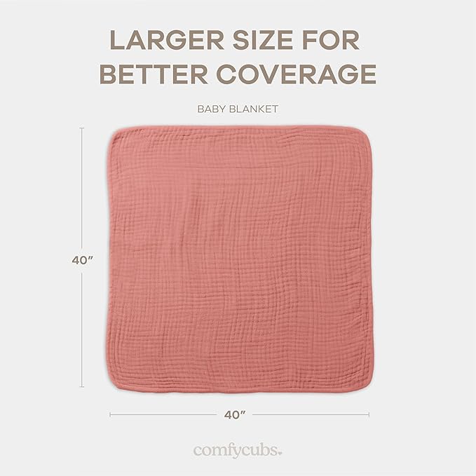 Comfy Cubs Muslin Baby Blanket - Soft, Lightweight, 6-Layer Cotton Swaddle Blankets for Newborns, Infants & Toddlers - 40" x 40" Large, Breathable & Versatile for Sleeping & Tummy Time - Dusty Rose