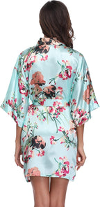 Women's Floral Satin Robes Bride Bridesmaid Getting Ready Robe Short Silky Kimono Sleepwear for Wedding Party