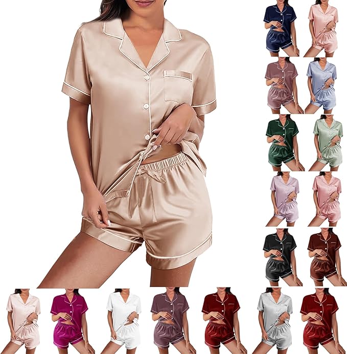 WJing Yi Jia Womens Silk Satin Pajamas Loungewear Two-Piece Sleepwear Button-Down Floral Pj Set XS-4XL