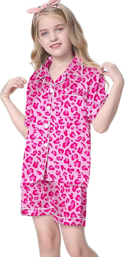 Umeyda Women & Girls Pajamas Set, Soft Satin Lightweight Silk Button-Down Top with Shorts 2 Piece PJS for Mom Boys Kids Gifts