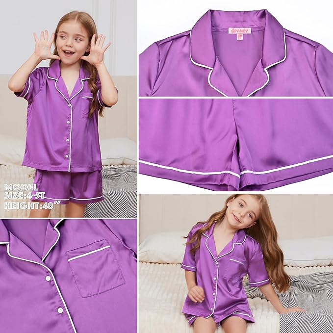 QPANCY Kids Satin Pajamas Sets Baby Boy Girl Button-Down Silk Sleepwear 2 Piece Short Sleeve Loungewear Clothes Set
