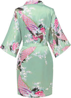 Women's Short Kimono Robes Bride and Bridesmaid Satin Floral Bathrobe Peacock Sleepwear Dressing Gown for Wedding Party