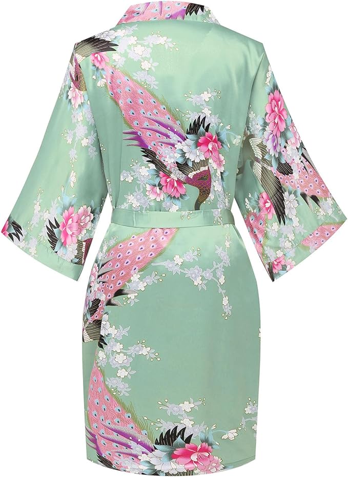 Women's Short Kimono Robes Bride and Bridesmaid Satin Floral Bathrobe Peacock Sleepwear Dressing Gown for Wedding Party