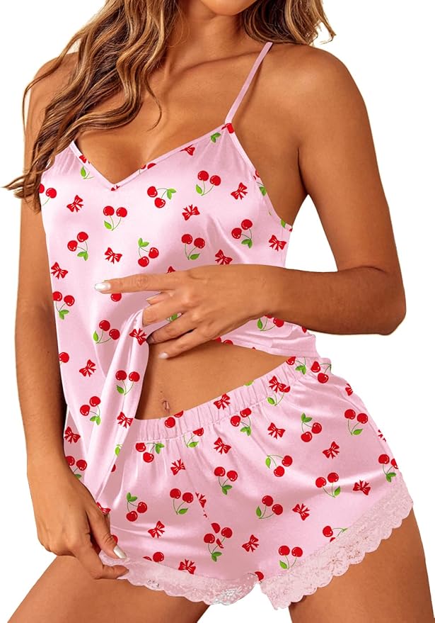 Ekouaer Satin Pajamas Women Lace Sleepwear Lingerie Cami Shorts Set Nightwear XS-XXL