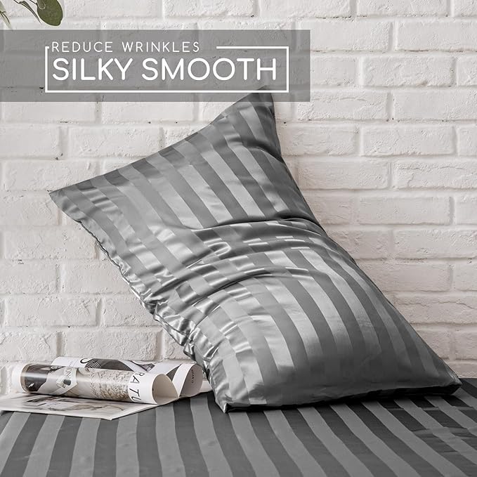 MR&HM Satin Bed Sheets, Full Size Sheets Set, 4 Pcs Silky Bedding Set with 15 Inches Deep Pocket for Mattress (Full, Dark Grey Striped)