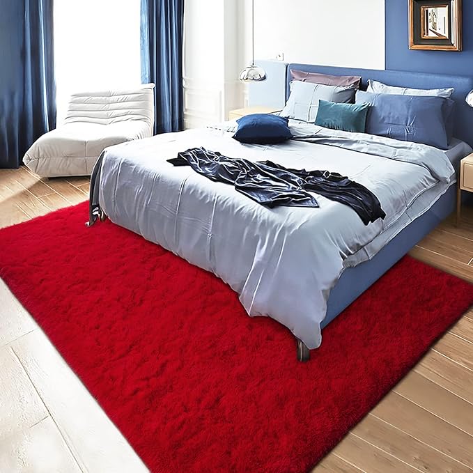 DETUM Red Rug 6x9 Feet - Fluffy Red Area Rugs for Bedroom Shaggy 6' X 9' Living Room Rug Soft Rugs for Kids Room Non-Slip Nursery Office Dorm Washable Carpets Home Decor