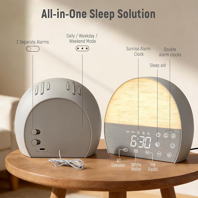Sunrise Alarm Clock for Heavy Sleepers & Adults, Wake Up Light with Bluetooth Speaker, White Noise Machine with 30 Soothing Sounds, FM Radio, Dual Alarms, Dimmable Clock, Smart Touch Screen