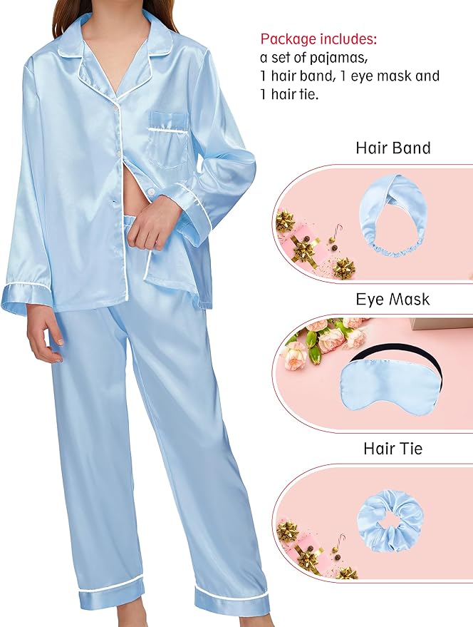 EPLAZA Kids Satin Pajamas Sets Girls Boys Button-Down Silky Pajamas Sleepwear with Hairband Eye Mask Hair Tie