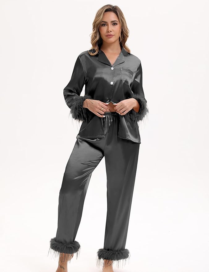 MORFORU Satin Pajama Set for Women Feather Trim Long Sleeve Pjs with Sleep Mask Headband Scrunchie Sleepwear Lounge Set