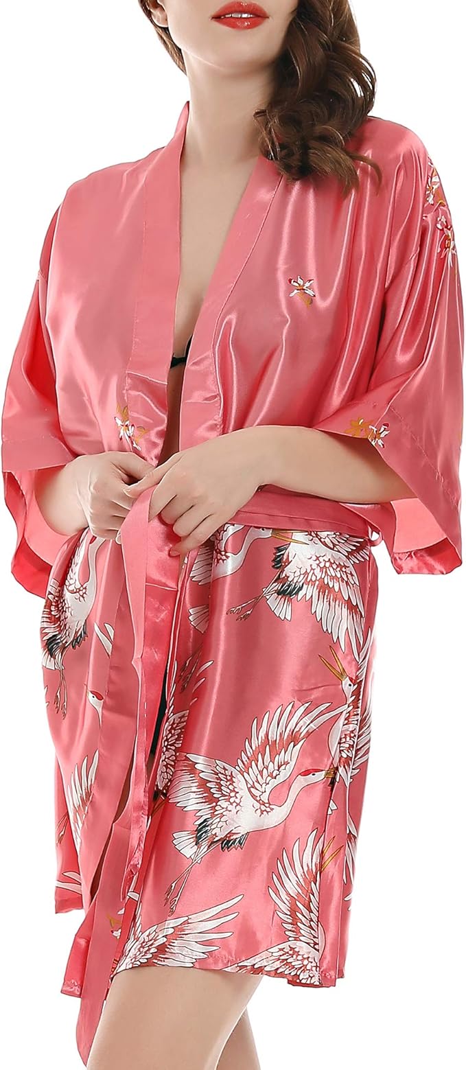 Women Kimono Robes Satin Dressing Gown Crane and Blossoms Sleep Lounge Nightwear Short Silk Bride Bridesmaid Robe