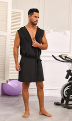 VintageClothing Men's Summer Robe with Hooded Lightweight Bathrobe House Kimono Sleeveless Sexy Sleepwear Pajamas